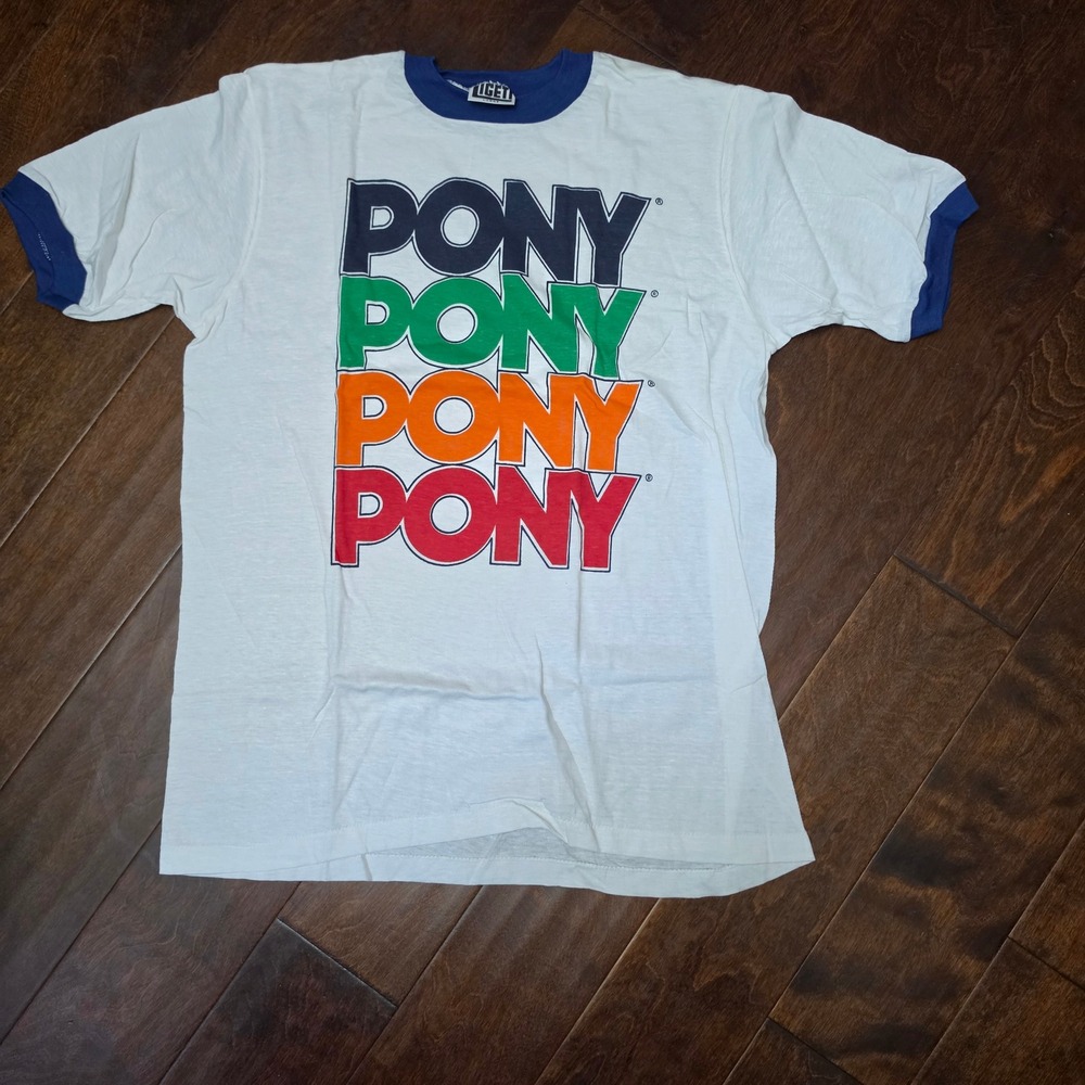 Vintage Pony Ringer T-Shirt Mens Large White Multi-Color Stacked Logo